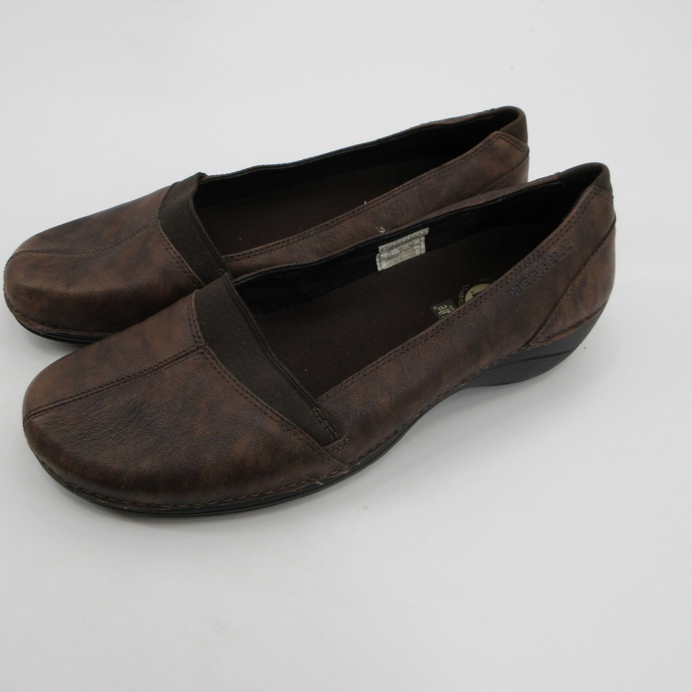 Merrell QForm Ortholite Brown Leather Flats Low Wedge Slip On Shoes Womens 8.5